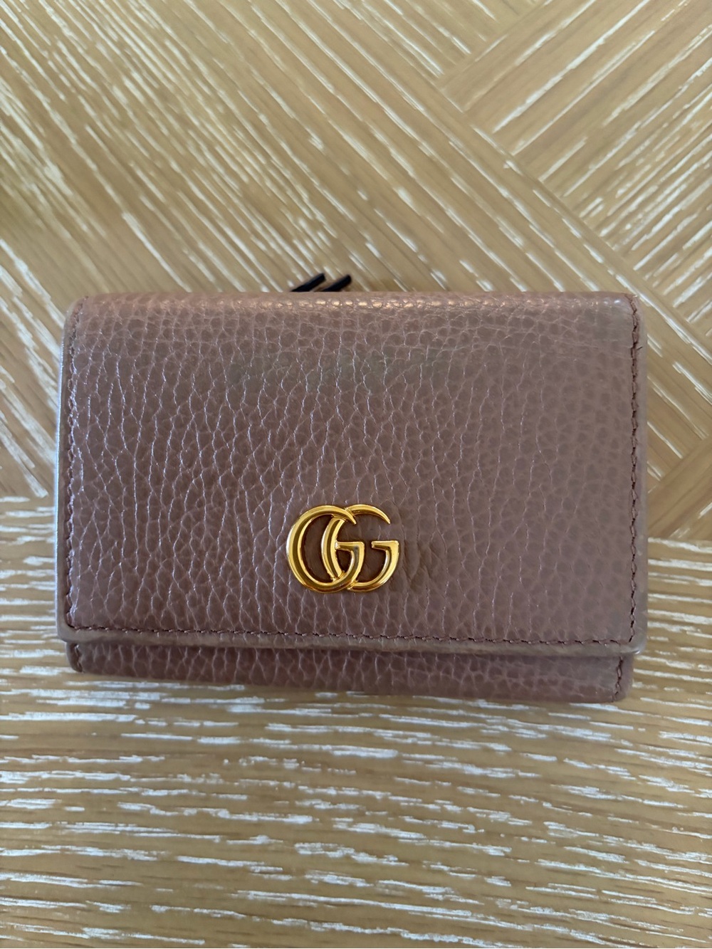 Gucci Pebbled Leather Mini Wallet - Mauve Taupe with Gold GG